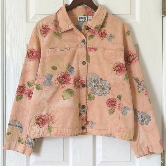 Chico's Design 90's Vintage Floral Embroidered & Beaded Denim Jacket Peach 3 - Picture 1 of 13